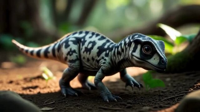 A photorealistic image of a prehistoric dinosaur roaming in a jungle setting, detailed textured skin and focused eyes, evokes a sense of ancient history.