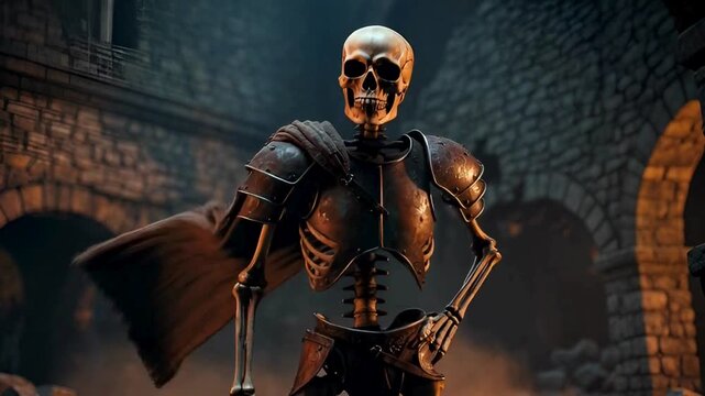 A menacing skeleton stands defiant in a weathered castle, its gaze unwavering, its armor gleaming in the dim light. A scene of haunting elegance and the allure of fantasy.
