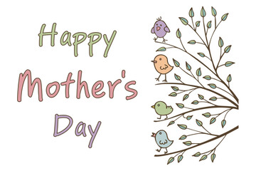 Happy Mother's Day! A cute and cheerful greeting card with little birds on a tree branch with leaves. Spring cute illustration, elements for Decoration. Hand drawing doodles. Children's drawing style
