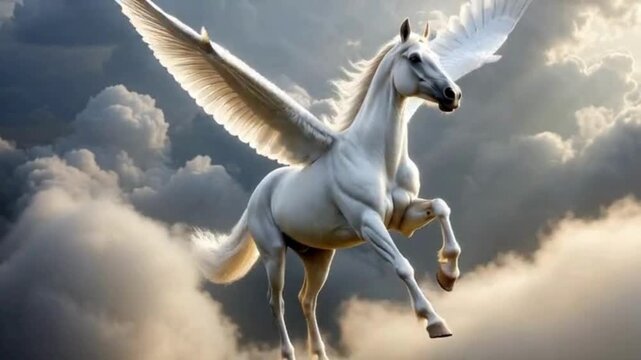 A mythical creature, a Pegasus, soars gracefully through a cloudy sky, its elegant form a blend of strength and ethereal beauty. A majestic creature, radiating a sense of freedom and wonder.