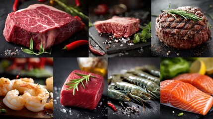 Collection of various meats and seafood, including shrimp, salmon, and crab. Concept of abundance and variety, showcasing the diverse options available for a meal