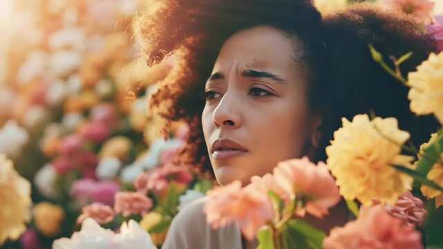 Black woman with afro hair sneezing in a flower field due to pollen allergy
