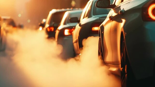 Cars stuck in traffic jam emitting exhaust smoke