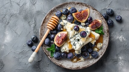 A plate holds blue cheese surrounded by fresh figs and blueberries topped with drizzled honey. Green mint leaves add a touch of color to the dish.