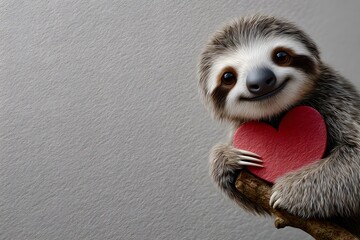 Obraz premium Sloth character hangs from a branch while holding a heart for St Valentines Day