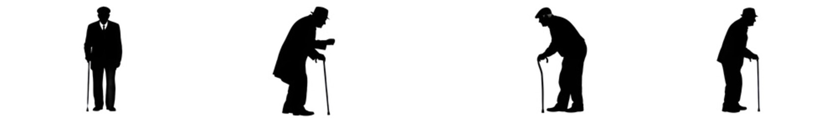 Set of Elderly Man with Cane Silhouettes Collection for Senior Care Concept, Wisdom Symbol, Life Journey Illustration, Retirement Awareness isolated on transparent PNG background, oil paint