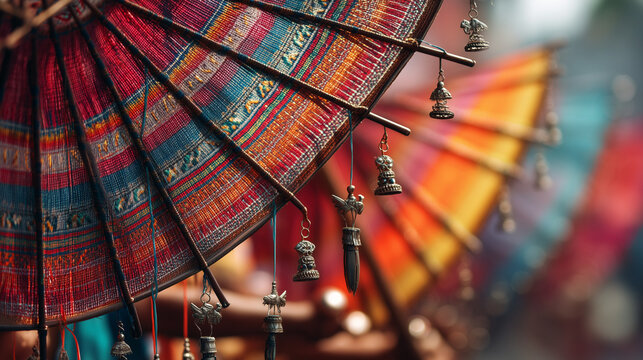 Vibrant umbrellas on display at outdoor market with colorful fabrics and decorations in Galo da Madrugada in Recife, Pernambuco Brazil