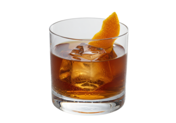 A sophisticated amber cocktail in a heavy rocks glass with a flawless clear ice cube and vibrant orange peel, dramatically lit against a transparent background, concept for luxury beverage