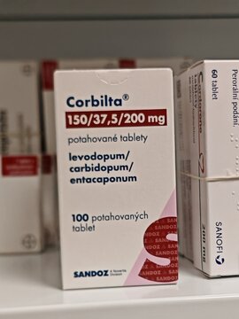 Prague,Czech Republic-14.01.2026: Corbilta by Sandoz containing levodopa, carbidopa, and entacapone is used for treatment of Parkinson disease to improve motor control and reduce wearing off symptoms