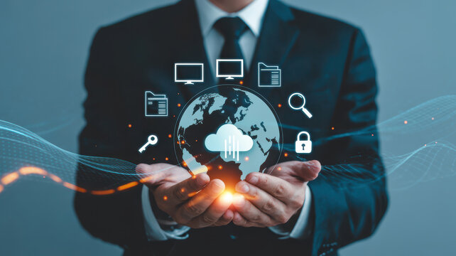 Businessman holding a glowing globe with cloud computing and digital icons, symbolizing global data and connectivity - Powered by Adobe