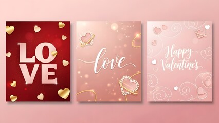 Naklejka premium Three Valentine's Day cards with hearts and love messages on pink background