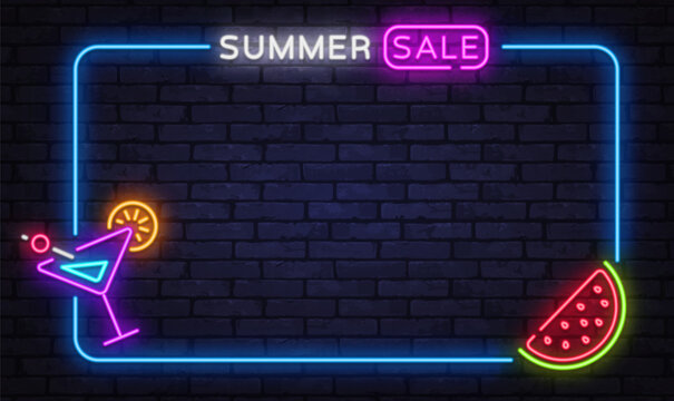 Neon summer sale frame with cocktail and watermelon icons on brick background. Fresh glow works well for seasonal promotions and retail ads.