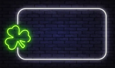 Fototapeten Positive Typografie Neon frame with green clover symbol, designed for luck themes and casino visuals. Soft light adds positive and playful mood.  © Ivan