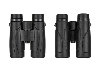 Two professional black binoculars for observation isolated on a white back