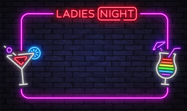 Bold neon ladies night frame with colorful drinks and clean typography. Perfect for club promotions, party flyers, or nightlife visuals.
