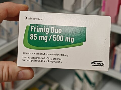 Prague,Czech Republic-14.01.2026: Frimig Duo by Orion Pharma containing sumatriptan and naproxen is used for acute treatment of migraine attacks with headache relief and reduction of inflammation
