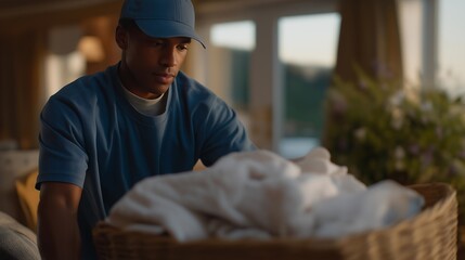 Behind the scenes of a home setup, professional workers are carrying a washing machine, representing skilled labor, logistics, and modern household services. cinematic color correction, natural