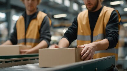 People preparing products for delivery in an industrial facility, organized packing and inspection emphasizing workflow efficiency, supply chain management, and on time distribution. cinematic