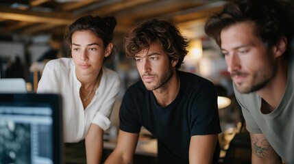 Startup team in casual attire gathers around monitors, mug and sketchpads in hand as timelines are debated and roles clarified during an energetic home office meeting about launch plans. cinematic