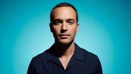 Obraz premium A large portrait of a man with a neutral expression on a blue background. A photograph of a young professional for a business profile or corporate image.