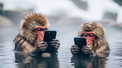Two monkeys using smartphones while bathing in a hot spring. Digital addiction and modern life concept. Humorous depiction of technology use.