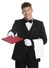 Waiter with towel giving hardcover menu on white background