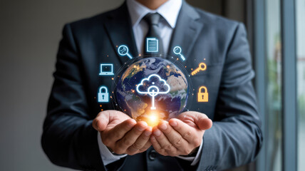 Businessman holding the earth with cloud technology and digital icons representing data security and connectivity