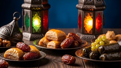 Ramadan kareem a spiritual month of fasting and reflection with dates and lanterns