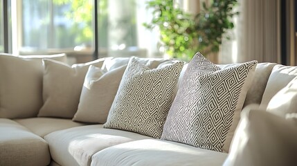 A contemporary sectional sofa with soft beige upholstery and a subtle pattern on the cushions 
