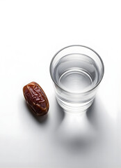 Glass of water and a single date on white surface