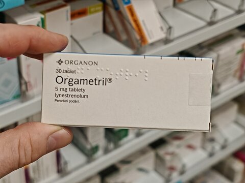 Prague,Czech Republic-14.1.2026:Orgametril by Organon containing lynestrenol is used in gynecology for treatment of menstrual disorders, endometriosis, and abnormal uterine bleeding as oral progestin