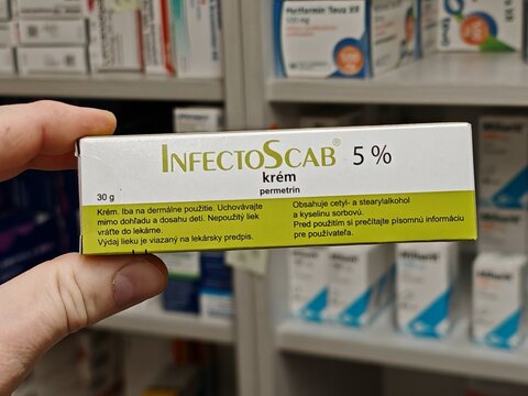 Prague,Czech Republic-14.01.2026: Infectoscab by InfectoPharm containing permethrin is used for topical treatment of scabies by eliminating mites and relieving skin itching and irritation
