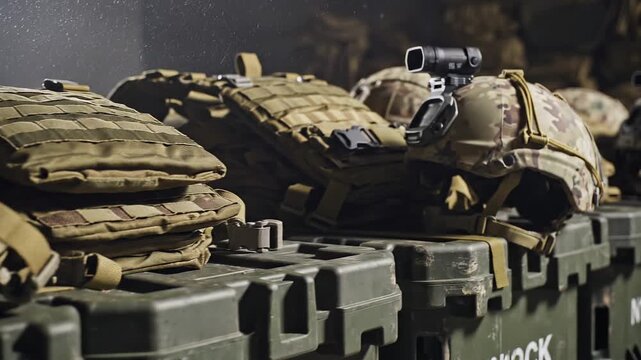 Military helmets and tactical gear stacked on storage containers in a dimly lit armory or staging area.