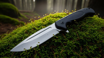 Tactical folding knife with a black handle resting on vibrant green moss covered in dewdrops. Outdoor adventure gear and nature exploration.