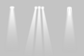 Creative vector illustration of bright lighting spotlights set, light sources isolated on transparent background. Art design beam for concert, scene illumination. Abstract concept graphic element
