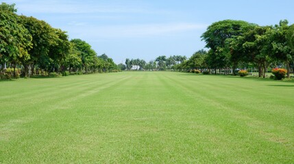 Obraz premium Empty city park with green trees, benches and clear pathway after cleanup. Sustainable public space and community responsibility. Clean Park awareness concept