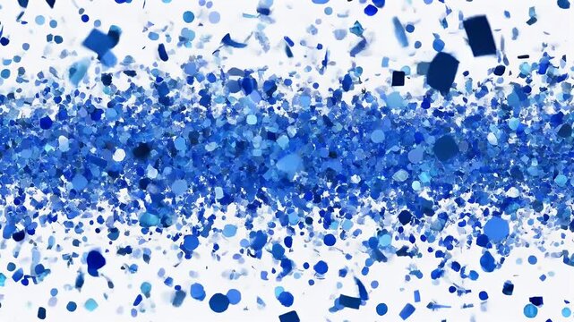 A vibrant cascade of blue confetti, glitter, and abstract shapes floating against a bright white background.