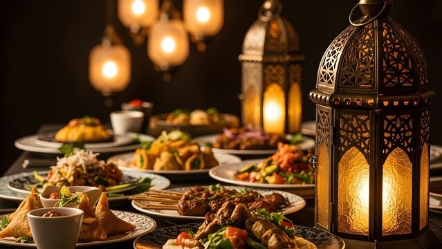 Ramadan iftar table setting with traditional food and lanterns