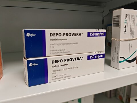 Prague,Czech Republic-14.01.2026: Depo Provera by Pfizer containing medroxyprogesterone acetate is a long acting injectable contraceptive used for pregnancy prevention and hormone therapy in women