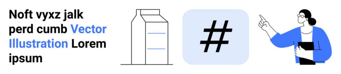 Obraz premium Abstract metadata tag, milk carton, gesturing woman with tablet. Ideal for technology, social media, e-commerce, education, branding, marketing simple landing page