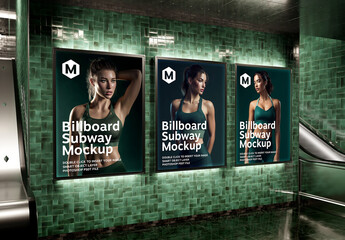 Triple Vertical Billboards Mockup in Dark Green Subway Station &ndash; Urban Advertising Template