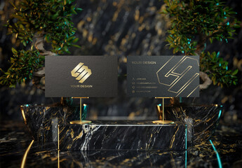 2 Black Textured Business Cards On Dark Marble Display Mockup