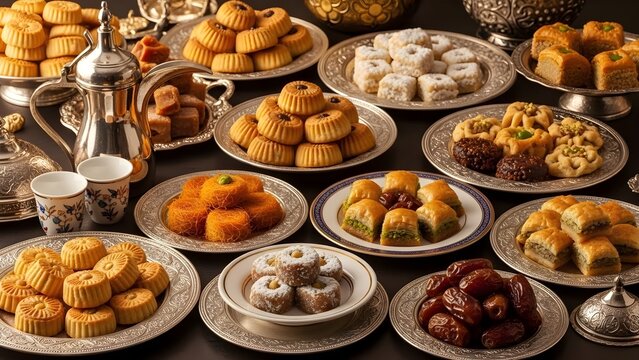 Ramadan food table setting with traditional desserts and sweets