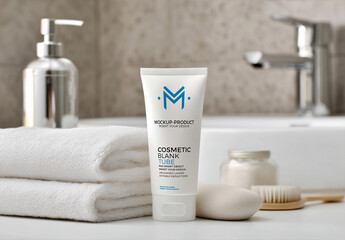 Cosmetic Tube Mockup in Bright Modern Bathroom &ndash; Clean Skincare Branding Scene