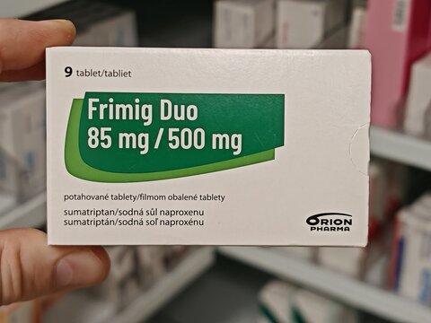 Prague,Czech Republic-14.01.2026: Frimig Duo by Orion Pharma containing sumatriptan and naproxen is used for acute treatment of migraine attacks with headache relief and reduction of inflammation