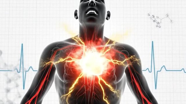Anatomical man clutching chest in pain, visualizing heart attack