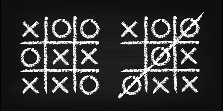 Chalk drawn tic tac toe set on chalk background. Hand drawn XO game in white chalk style. Textured doodle illustration with classroom look.