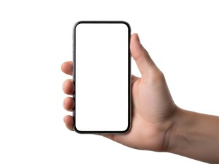Hand holding smartphone, isolated on white background