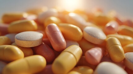 A vibrant assortment of colorful pills and capsules scattered together, reflecting health and wellness themes.
