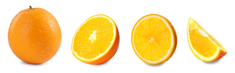 Fresh oranges isolated on white, set. Whole, half and pieces